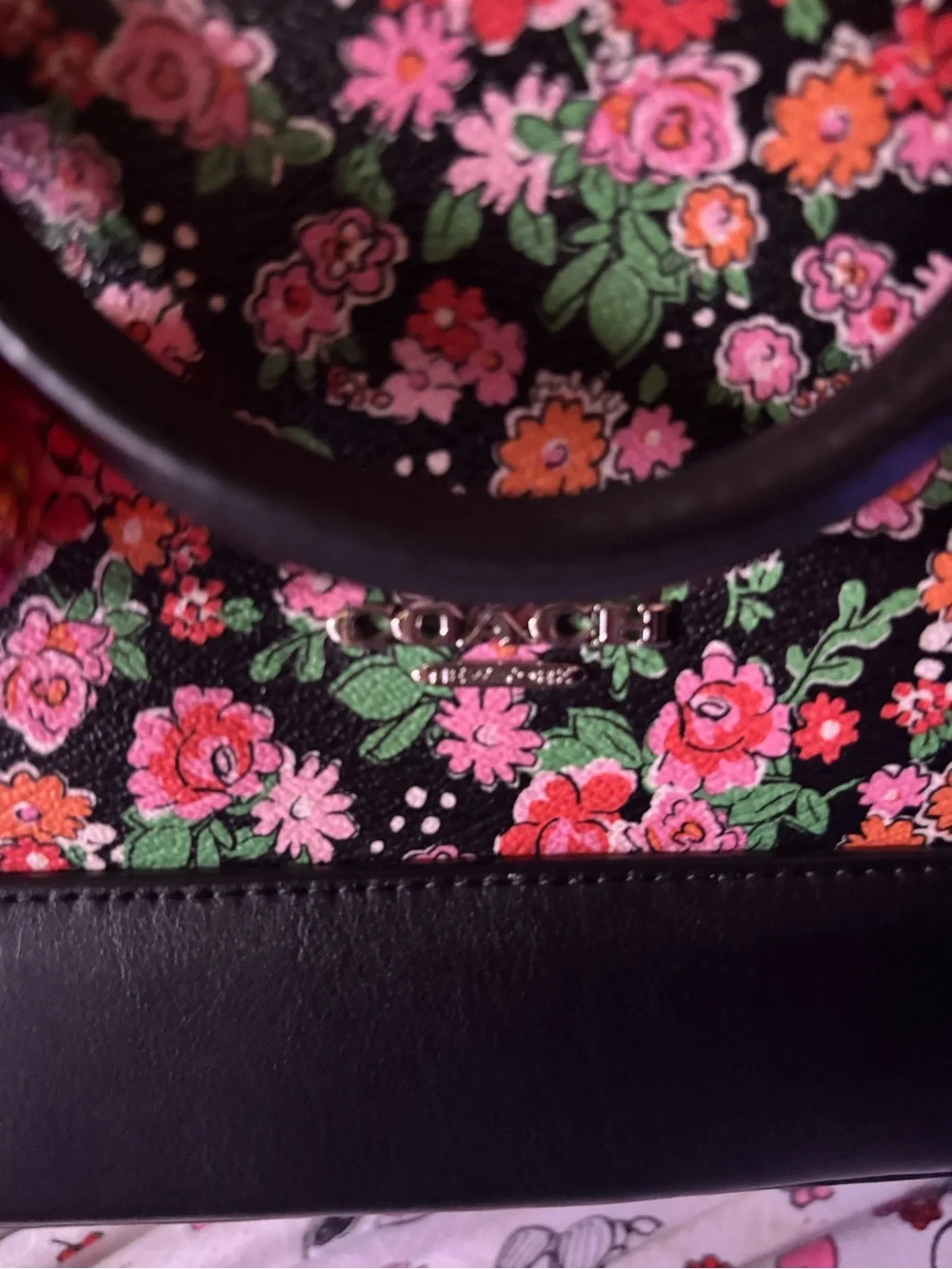 Coach Black Floral Dome Satchel with Pink and Green Bouquet Print